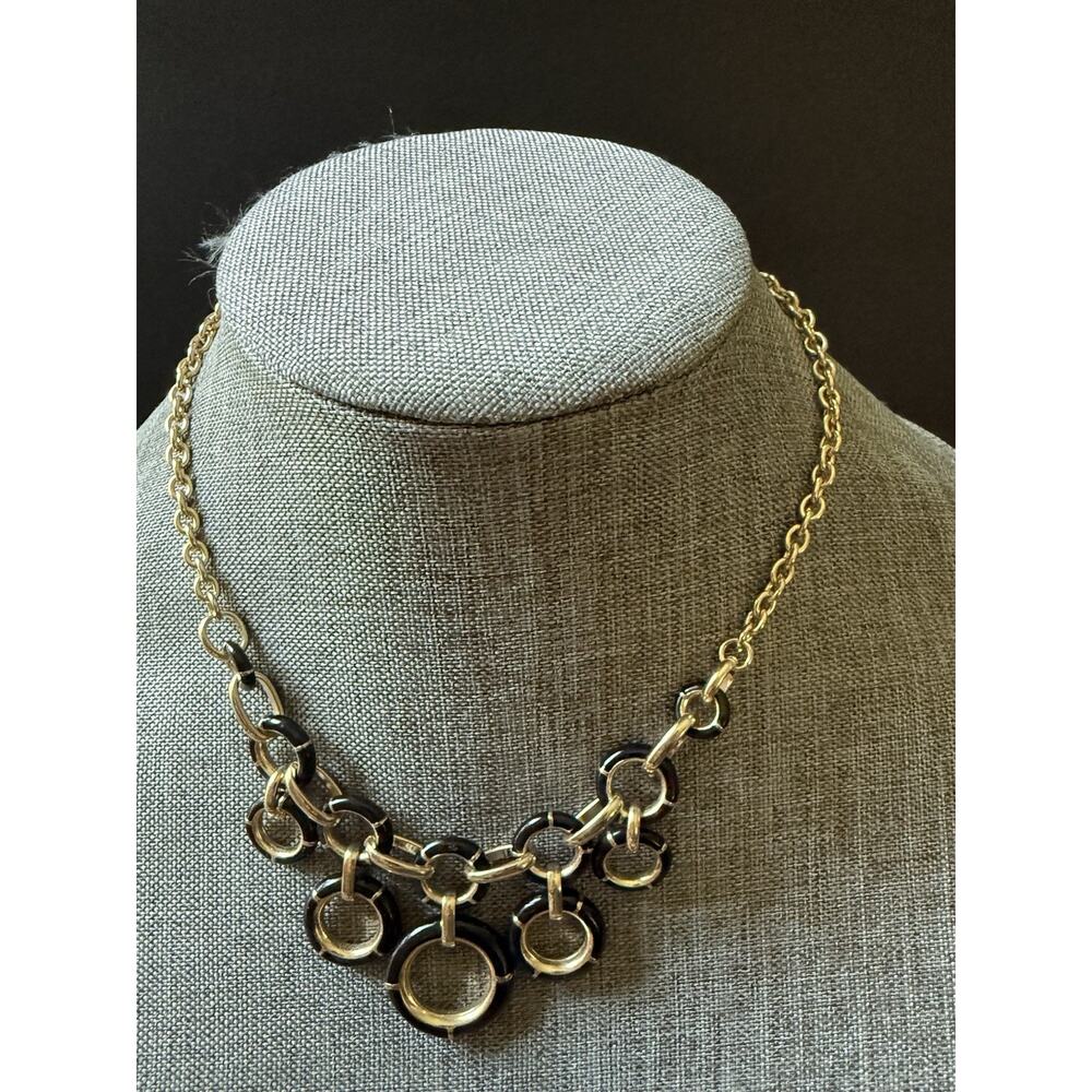 Enamel Hoop Gold Tone Black Necklace Link Asymmetrical Career Cocktail Artsy